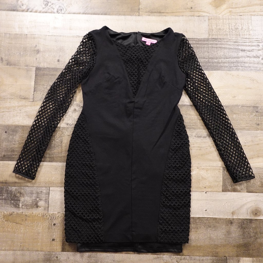 Betsey Johnson Mesh Panel Bodycon Dress Women’s Size 10 Black Long Sleeve